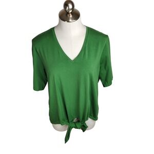 Chicos Tie Front Tee Top Womens Size 2 Large Green Pima Modal V-Neck Half Sleeve